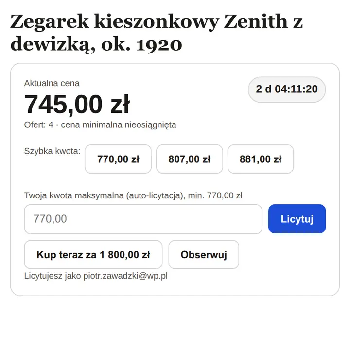 Widżet licytacji na karcie zegarka kieszonkowego: klient wpisuje 850 zł, widzi plakietkę Prowadzisz, a po chwili Przebito Cię.