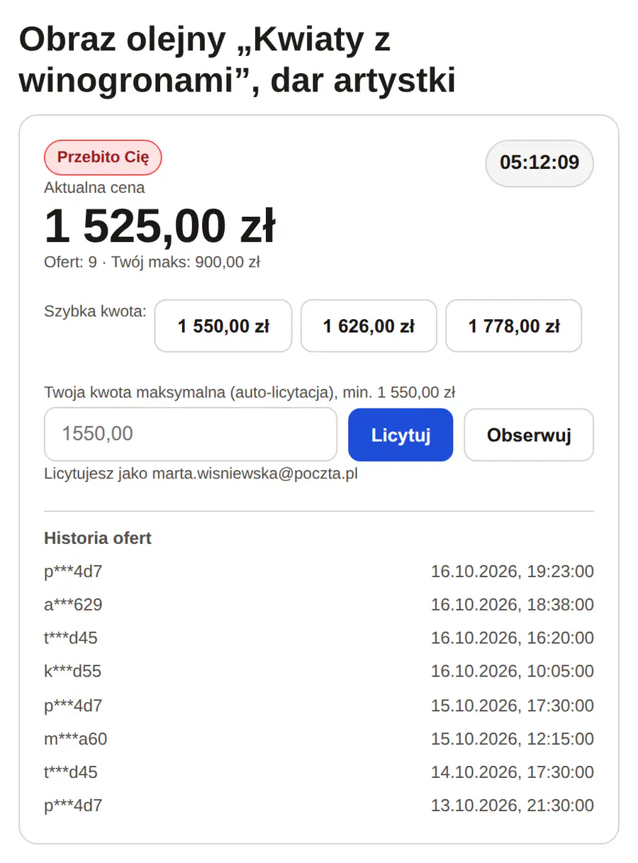 Widżet aukcji charytatywnej z ceną 1 525 zł, plakietką Przebito Cię i listą ofert z anonimowymi znakami.