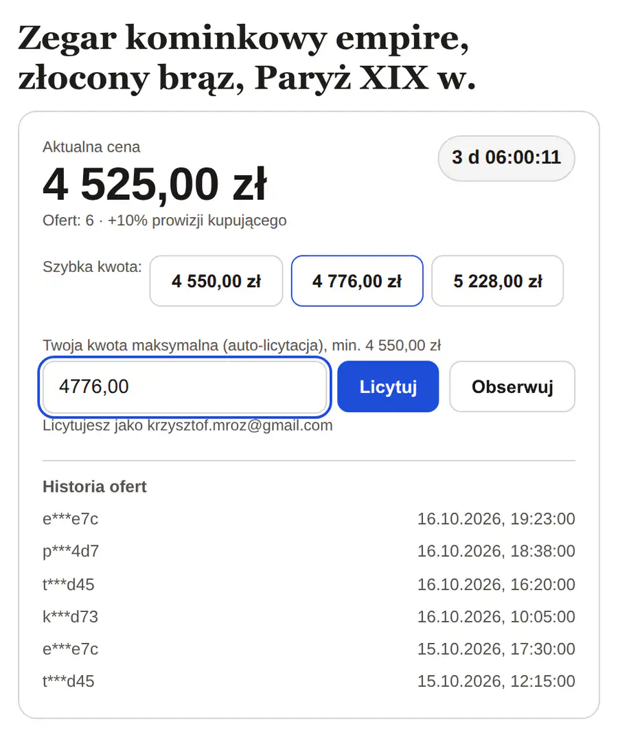 Widżet zegara kominkowego z wybraną szybką kwotą 4 776 zł w polu kwoty maksymalnej.
