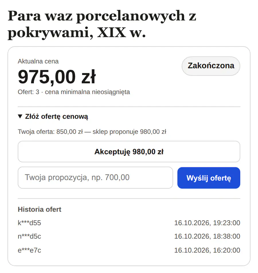 Widżet po zakończonej aukcji: oferta klienta 850 zł, sklep proponuje 980 zł, przycisk Akceptuję 980,00 zł.