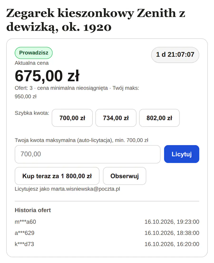 Widżet z plakietką Prowadzisz, ceną 675 zł i informacją o własnym maksimum 950 zł.