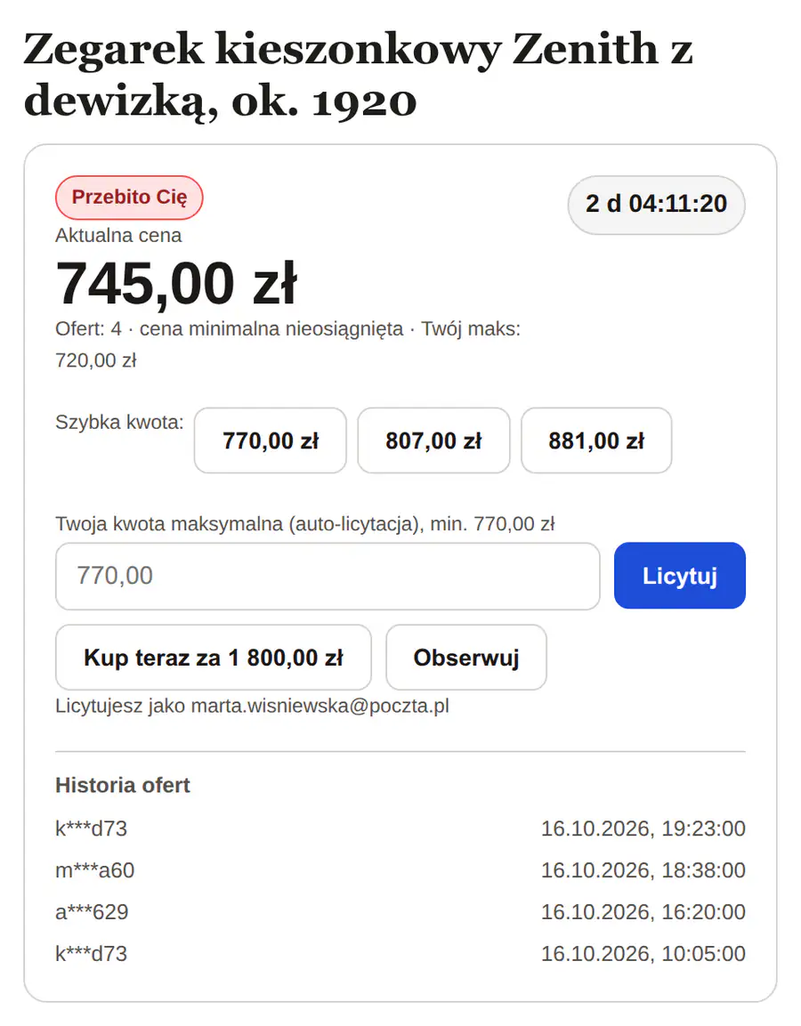 Widżet z czerwoną plakietką Przebito Cię i ceną 875 zł.