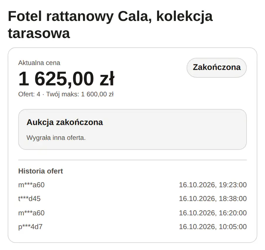 Widżet zakończonej aukcji fotela dla licytanta, który przegrał: komunikat Aukcja zakończona, wygrała inna oferta.