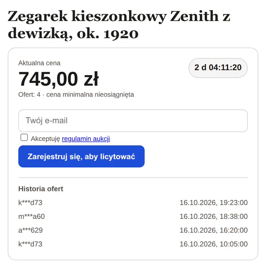 Widżet z polem e-mail, zgodą na regulamin aukcji i przyciskiem Zarejestruj się, aby licytować.