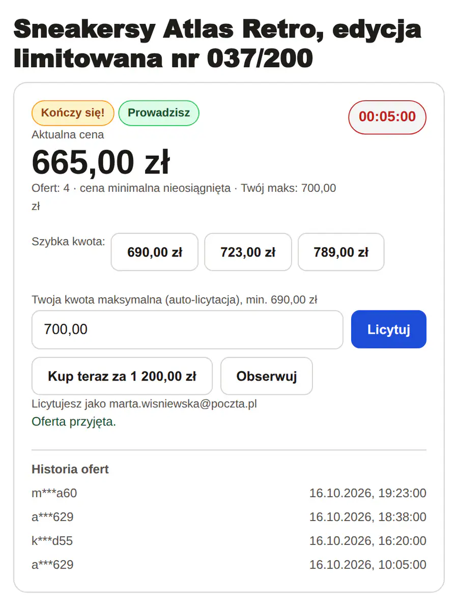 Widżet po złożeniu oferty: plakietka Prowadzisz i zegar przedłużony do 00:05:00.