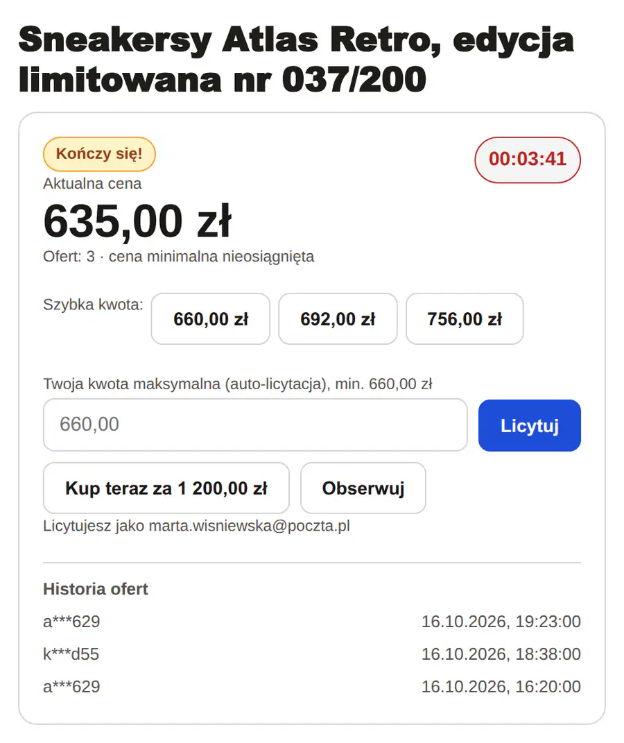 Widżet z czerwonym zegarem 00:03:41 tuż przed ostatnią ofertą.