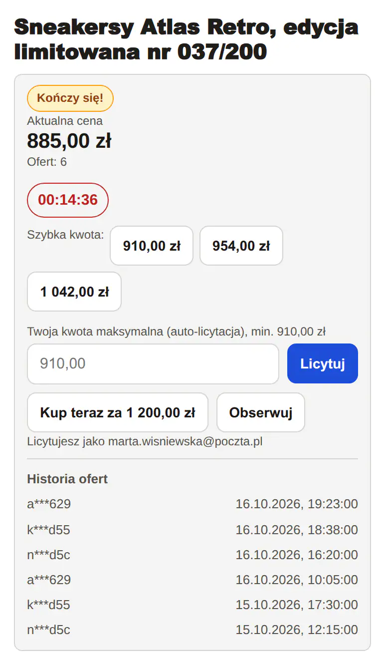 Widżet sneakersów na ekranie telefonu z plakietką Kończy się! i zegarem 00:14:36.