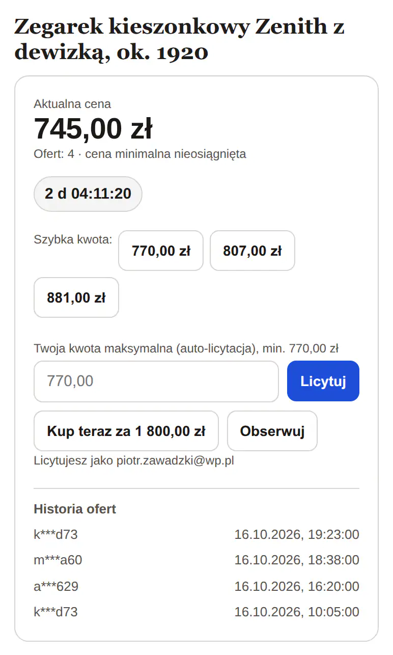 Widżet zegarka na ekranie telefonu: cena, zegar, szybkie kwoty i pole kwoty maksymalnej.