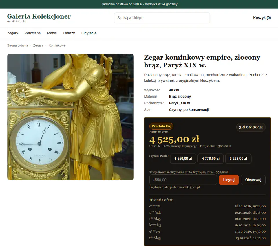 Galeria antyków: zegar kominkowy empire z widżetem w układzie C, cena 4 525 zł i prowizja kupującego 10%.