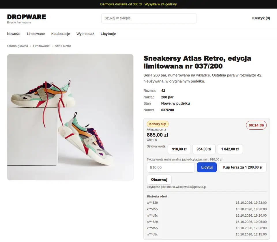 Sklep ze sneakersami DROPWARE: para Atlas Retro nr 037/200 z widżetem, plakietka Kończy się! i zegar 00:14:36.