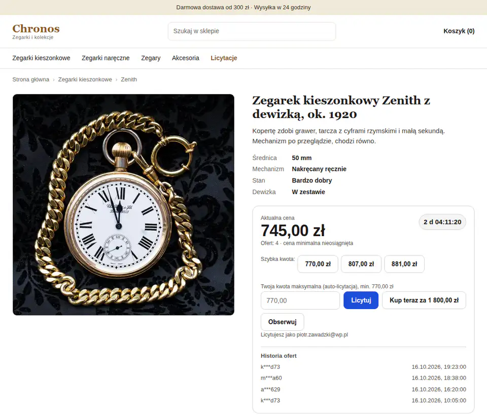 Sklep z zegarkami Chronos: karta zegarka kieszonkowego Zenith z widżetem licytacji, cena 745 zł i zegar 2 dni.