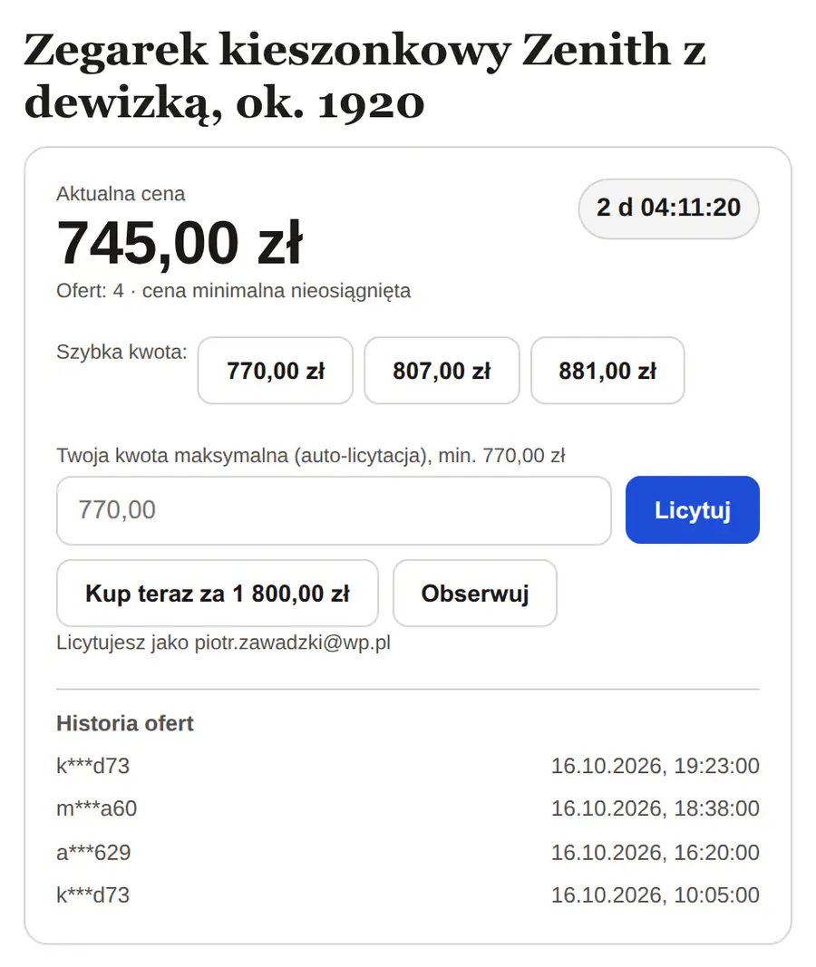 Widżet w układzie A na karcie zegarka kieszonkowego: cena 875 zł, zegar 2 dni, kwoty szybkie, pole kwoty maksymalnej i historia ofert.