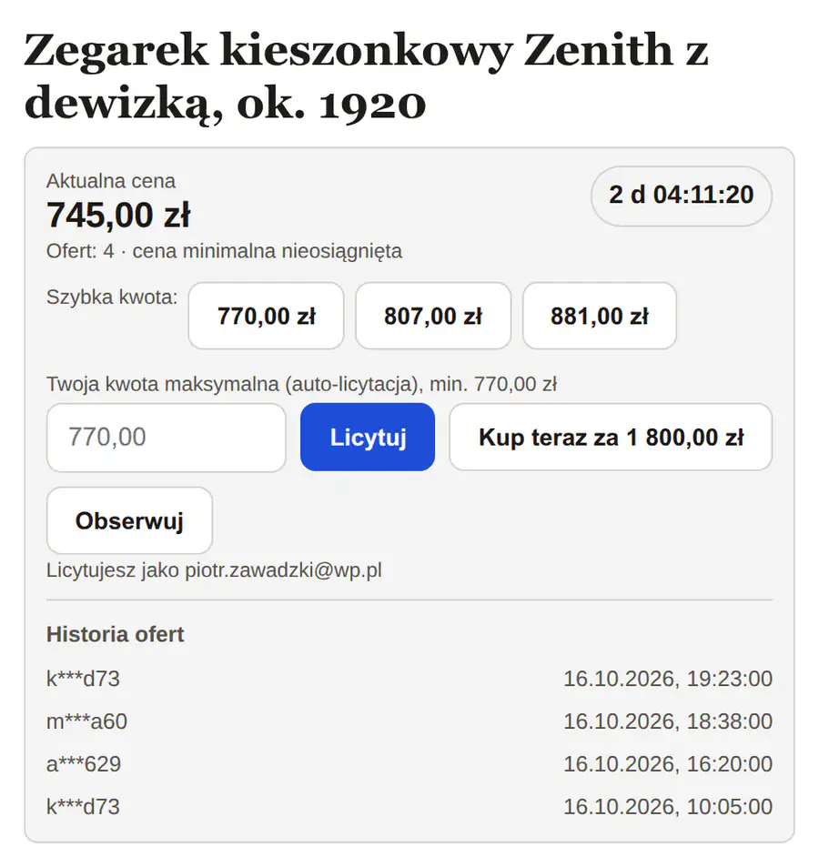 Widżet w układzie B: niższa cena, szare tło, te same pola.