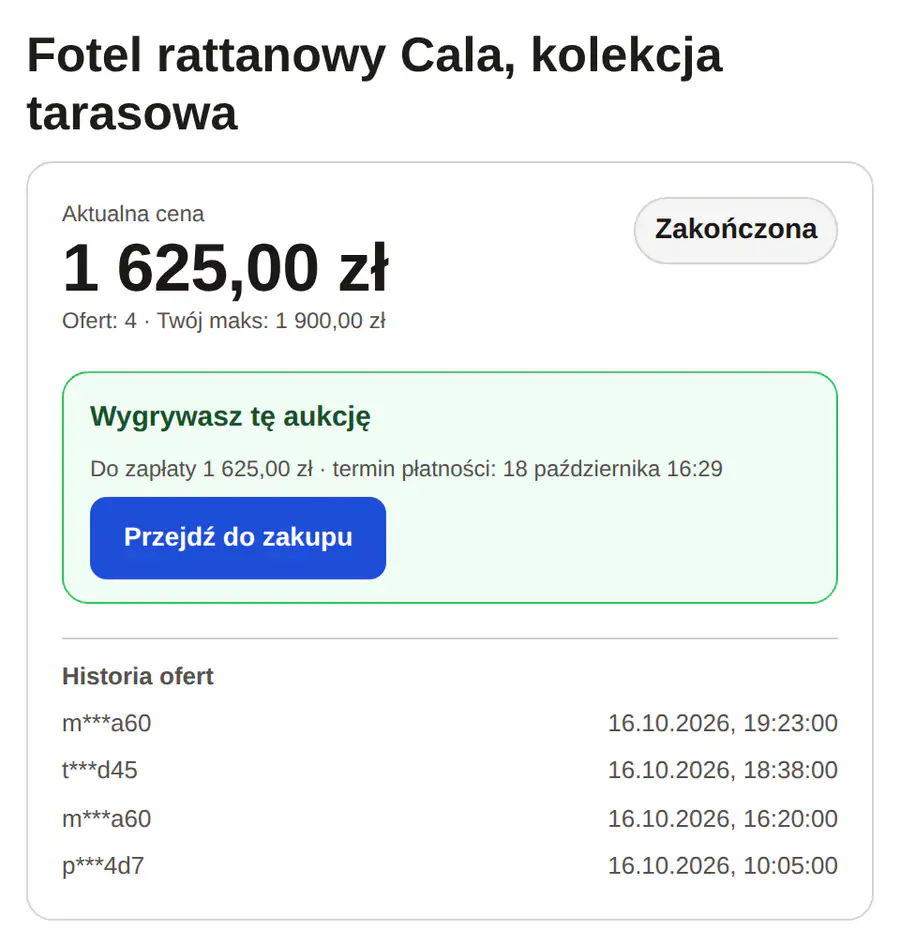 Widżet zakończonej aukcji fotela: komunikat Wygrywasz tę aukcję, do zapłaty 1 625 zł, termin płatności i przycisk Przejdź do zakupu.